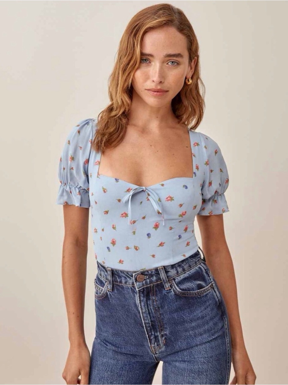 Reformation Delevan Top blue floral puffed sleeves women’s size 6